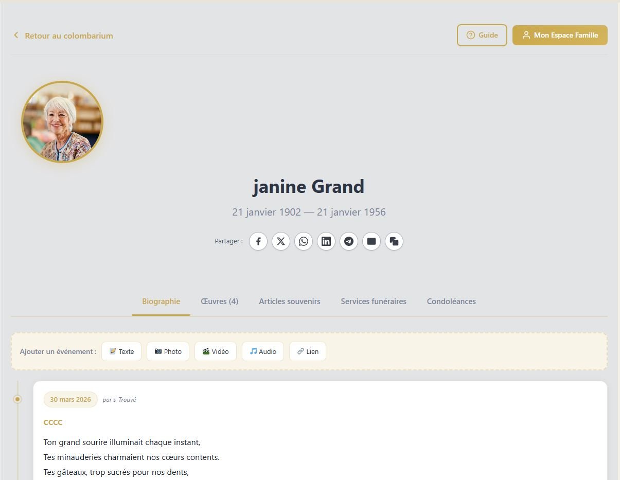 Espace mÃ©moriel en ligne avec biographie et galerie
