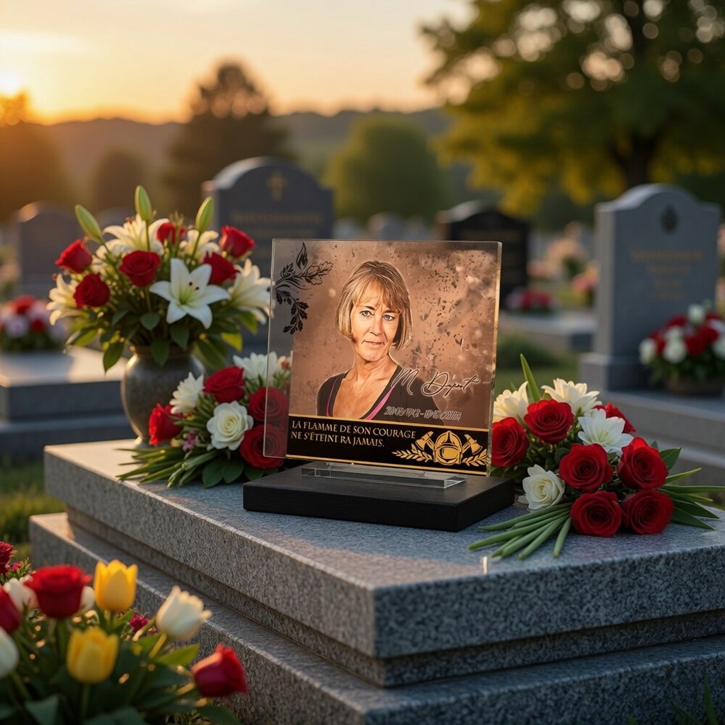 Plaque funÃ©raire personnalisÃ©e exposÃ©e sur sÃ©pulture fleurie
