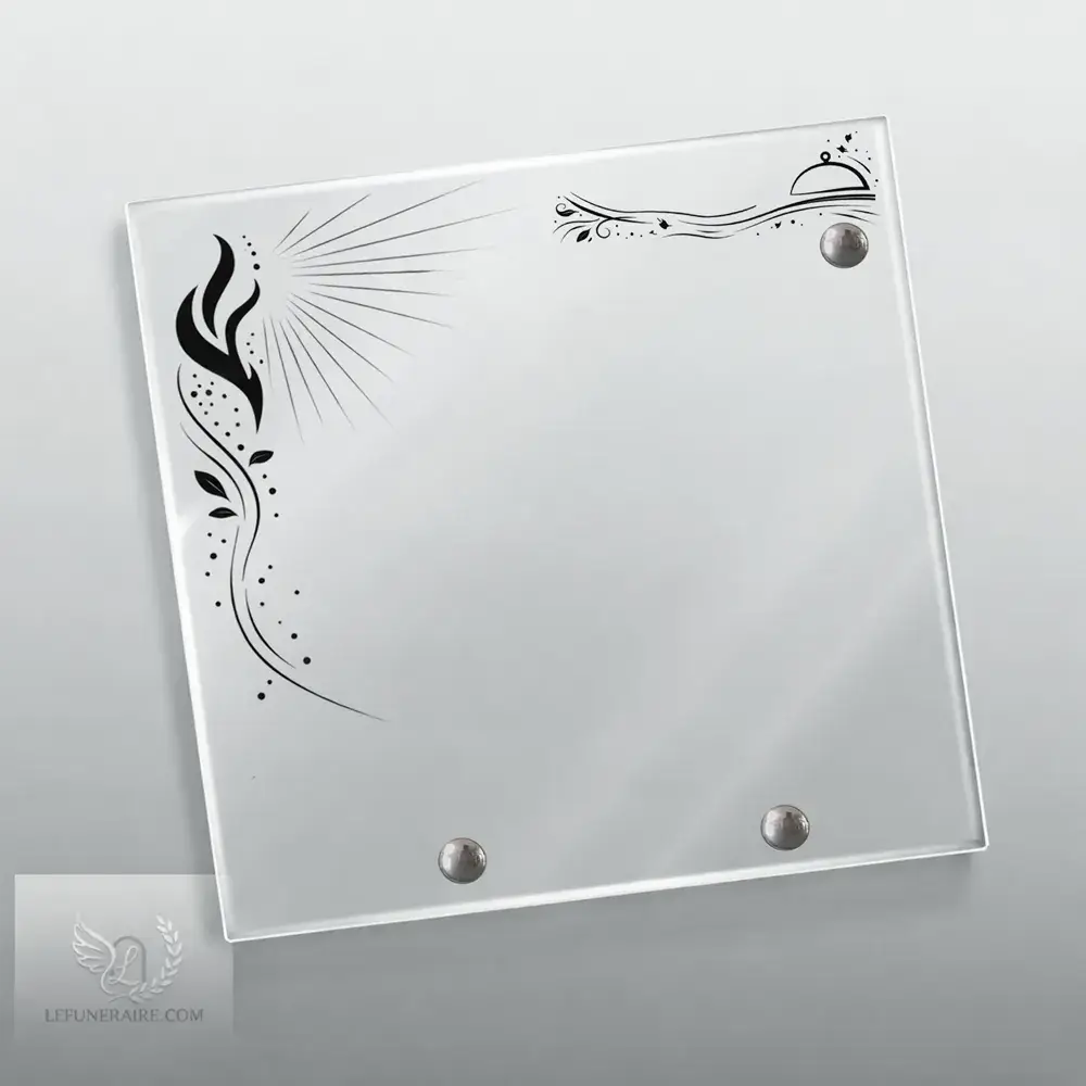 Plaque funÃ©raire Plexiglas, motif floral gravÃ© en angle