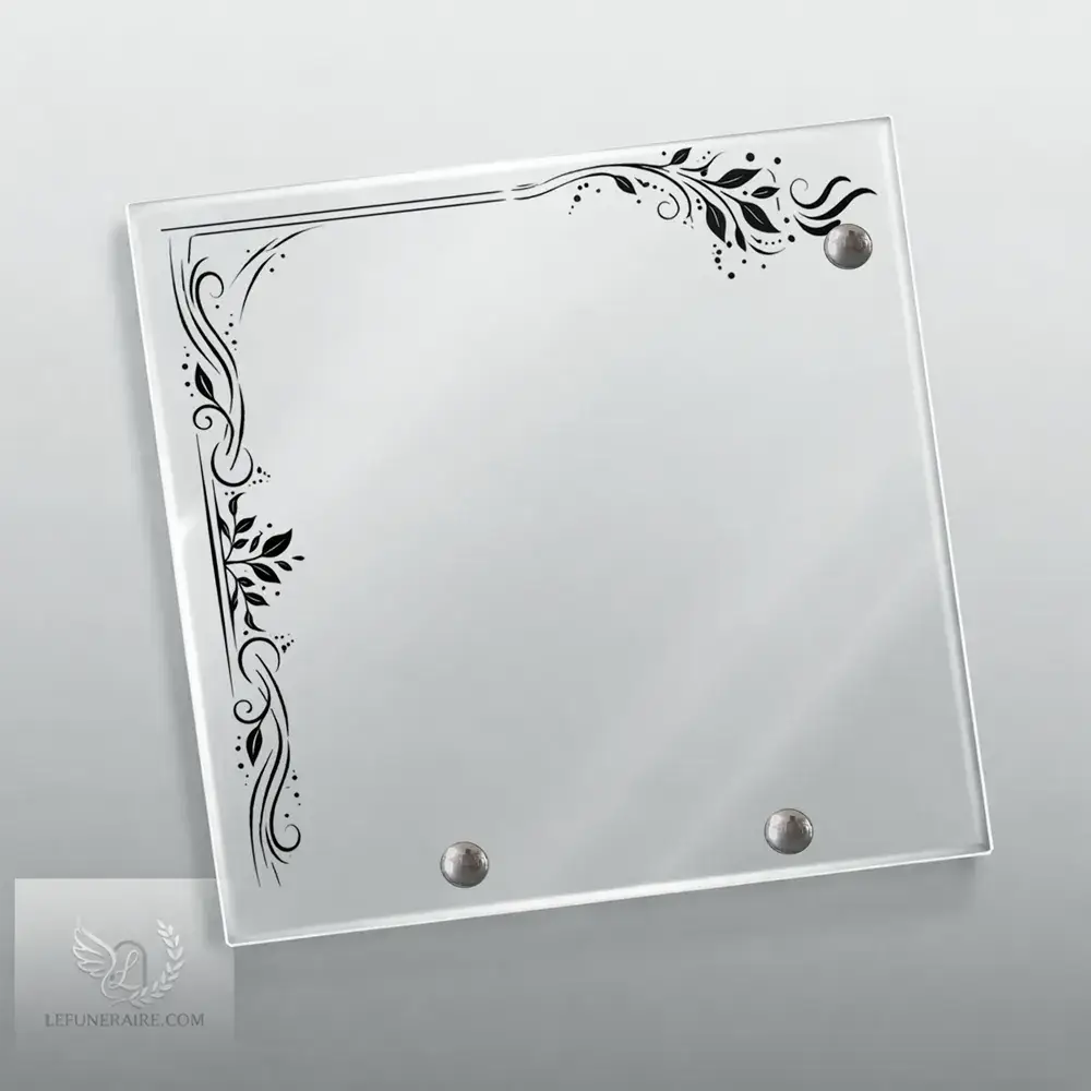 Plaque funÃ©raire Plexiglas, motif volutes et feuillage en angle