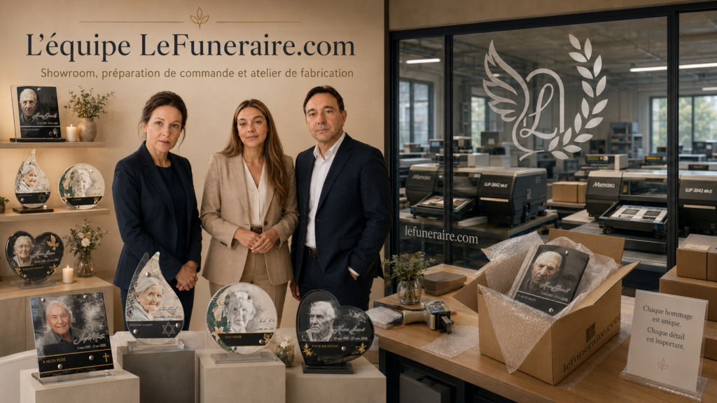 L’équipe LeFuneraire.com dans l’atelier de fabrication de plaques funéraires personnalisées, impression et préparation de commande