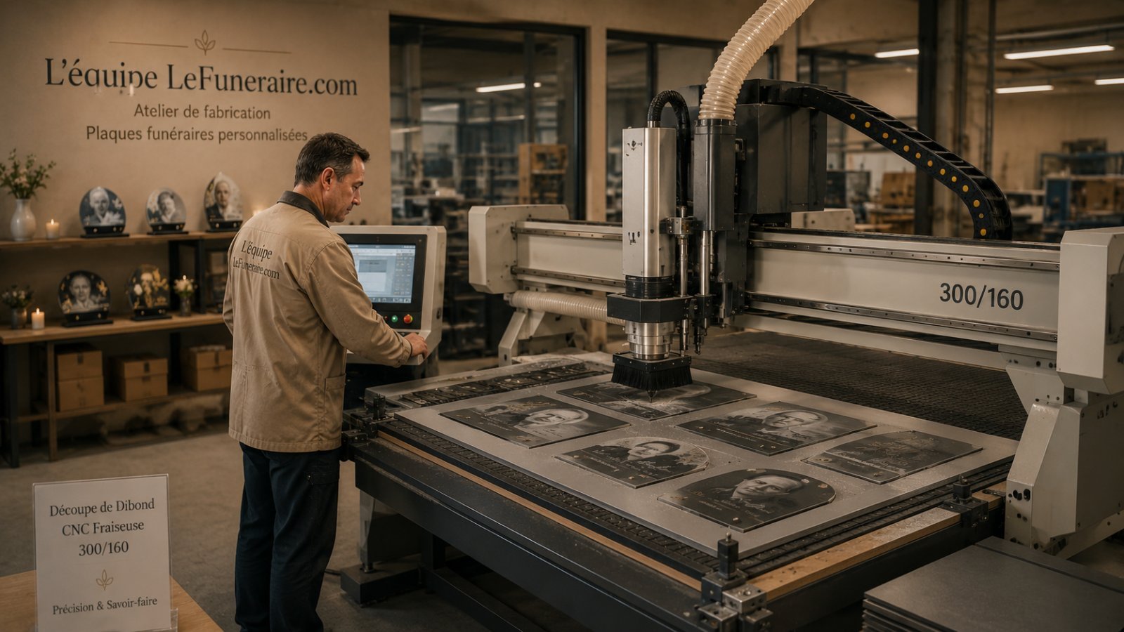 Fraiseuse à commande numérique découpant une plaque funéraire en dibond aluminium à l'atelier lefuneraire.com