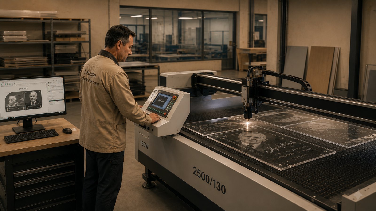 Laser CO₂ découpant une plaque funéraire en plexiglas à l'atelier lefuneraire.com