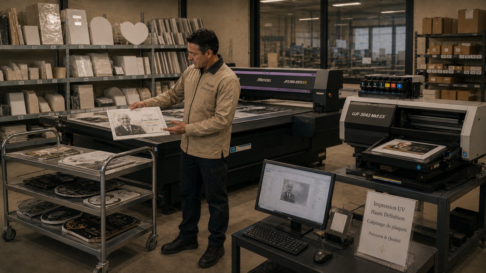 Imprimante UV Mimaki UJF-3042 MkII imprimant la photo et les textes sur le dibond d'une plaque funéraire