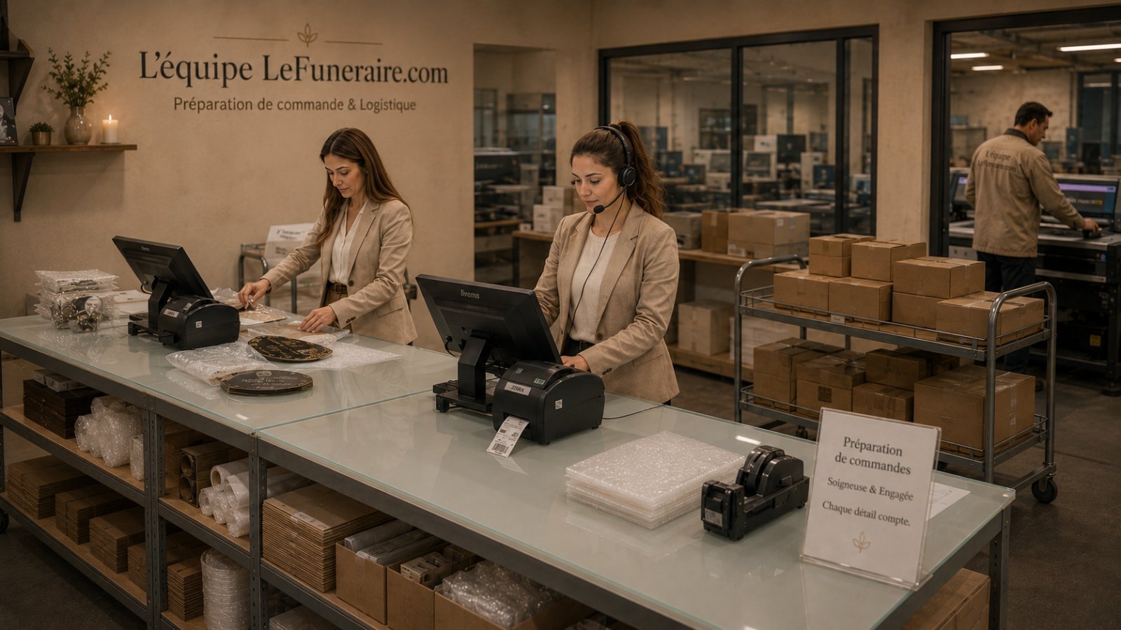Préparation de commande et emballage des plaques funéraires à l'atelier lefuneraire.com