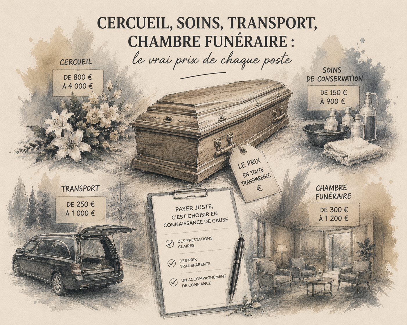 Prix d'un cercueil, des soins de conservation, du transport et de la chambre funéraire en 2026