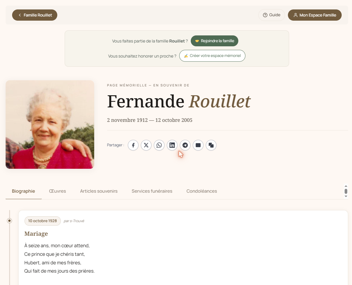 Biographie numérique de Fernande Rouillet sur lefuneraire.com : portrait, dates, hommages datés et espace de condoléances