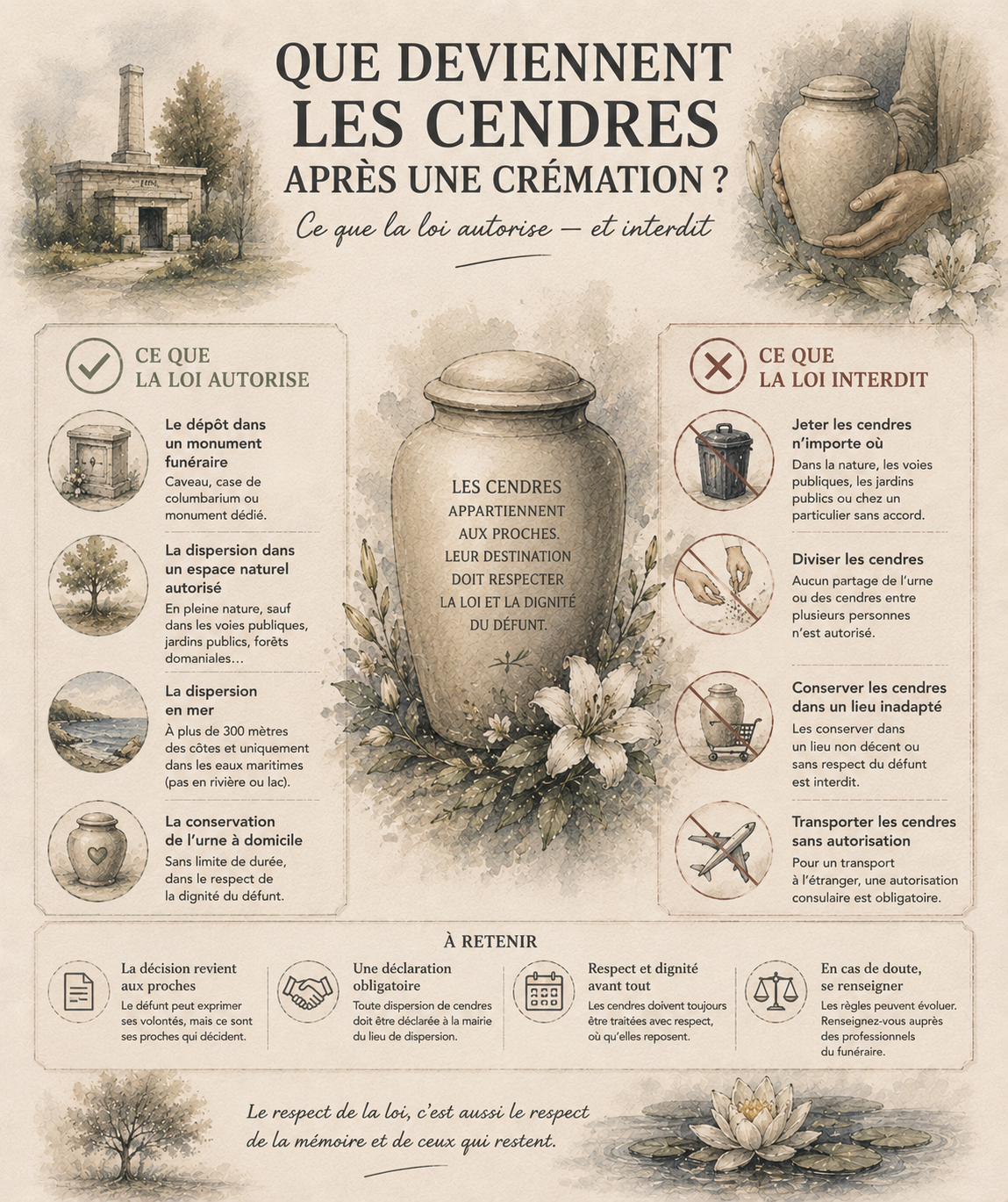 Les destinations possibles des cendres après une crémation selon la loi française