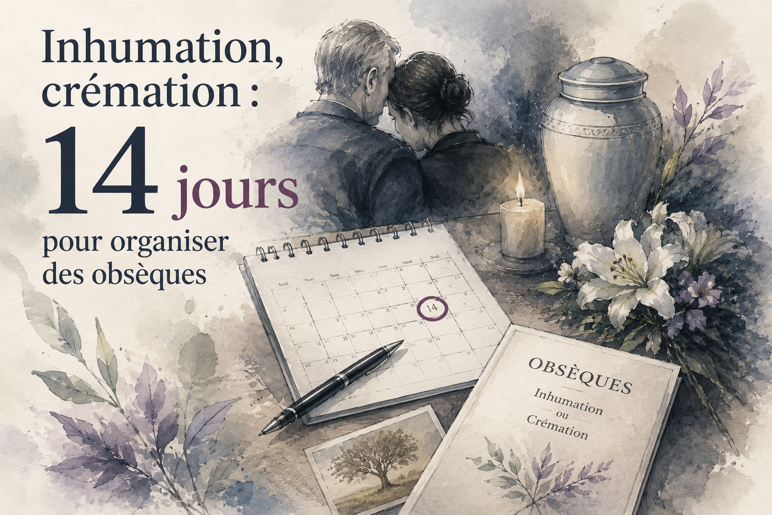 Calendrier et horloge évoquant le délai de 14 jours pour organiser des obsèques