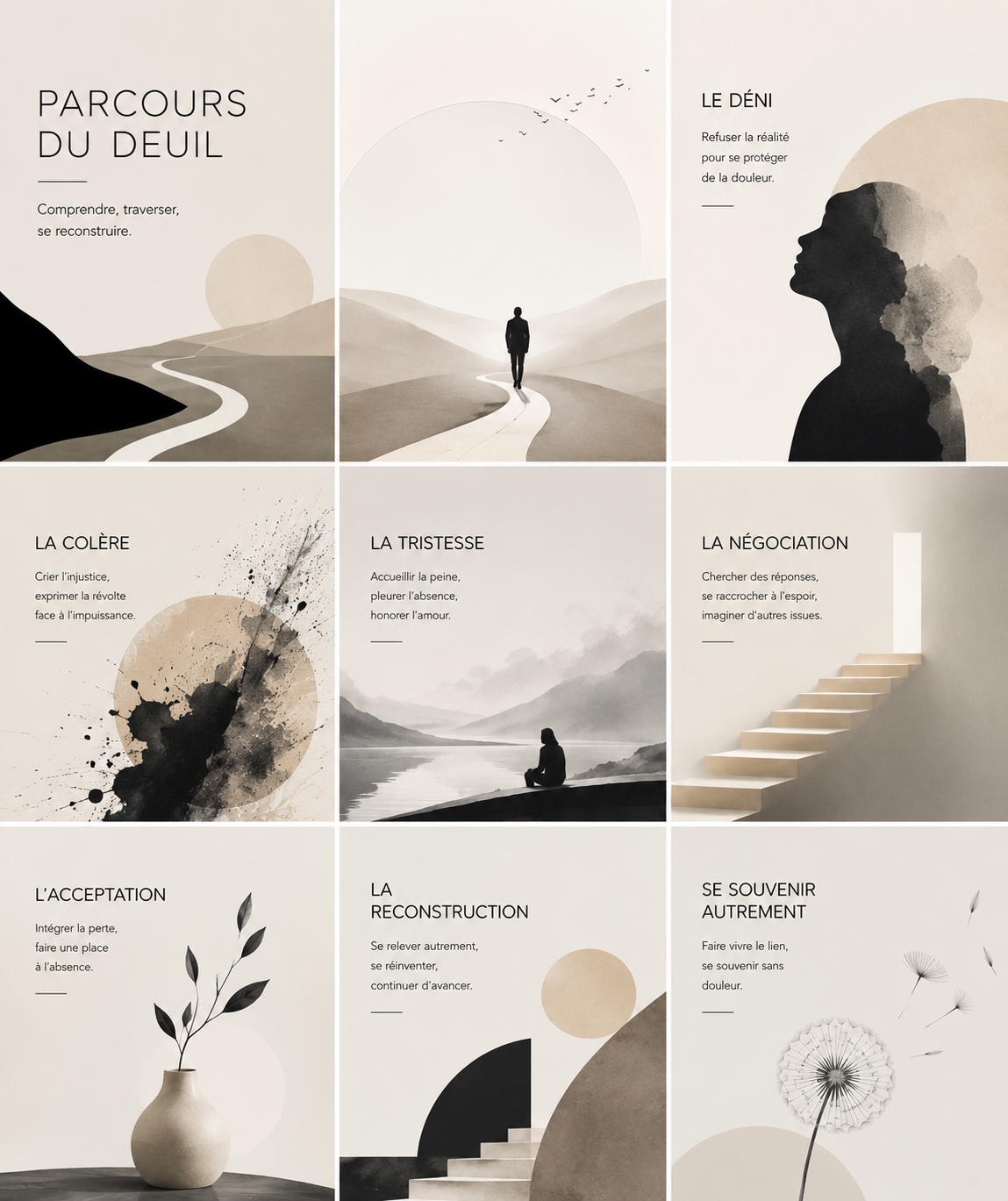 Illustration sobre évoquant le parcours du deuil et le cheminement après la perte d'un proche