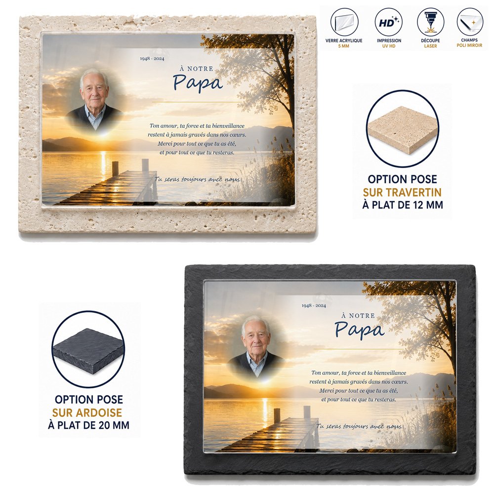Photo de papa intégrée sur la plaque hommage, effet au choix
