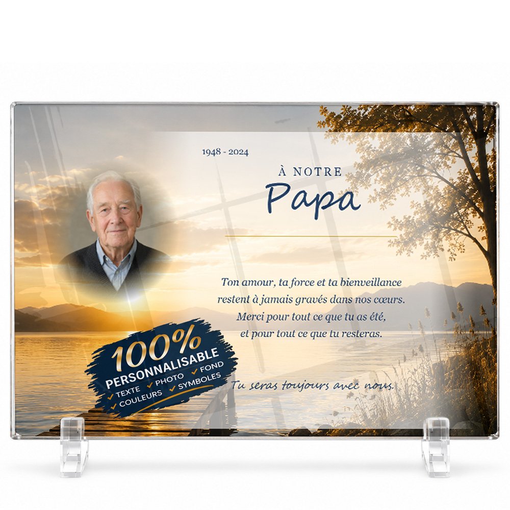 Plaque funéraire panoramique pour papa présentée sur pied plexi