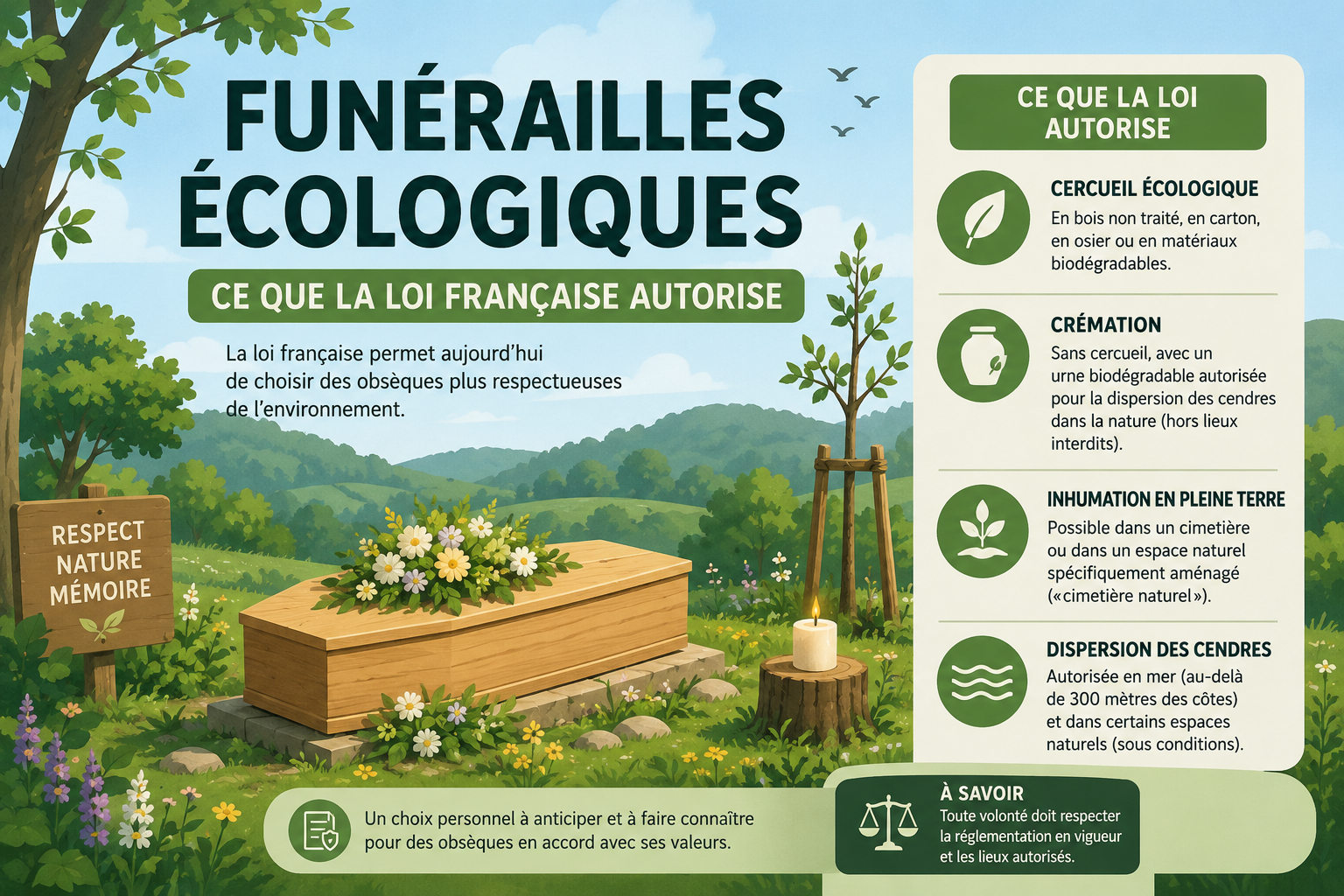 Funérailles écologiques : cercueil sobre et nature, illustration du dossier sur ce que la loi française autorise