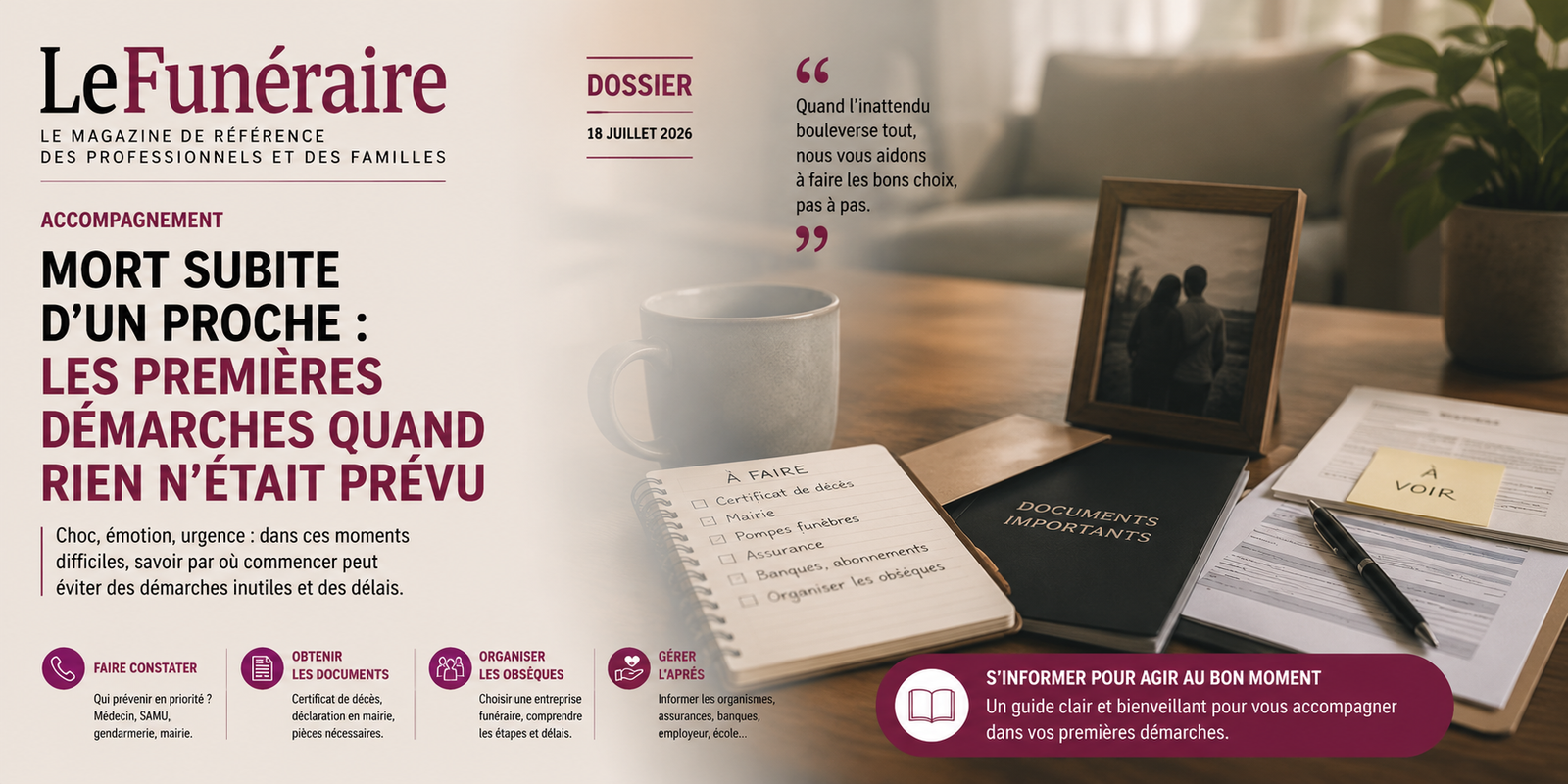 Illustration évoquant la mort subite et les premières démarches funéraires quand rien n'a été anticipé