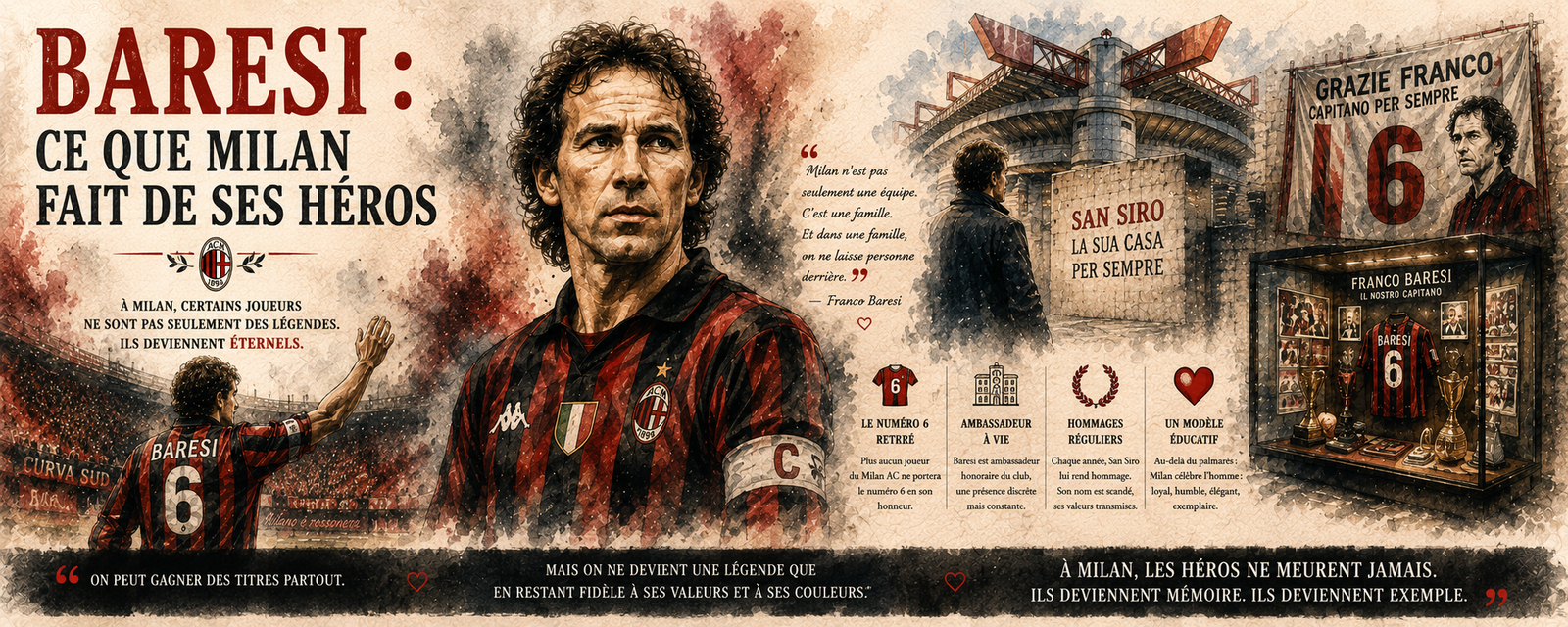 Hommage à Franco Baresi, capitaine du Milan AC de 1982 à 1997, mort le 31 juillet 2026
