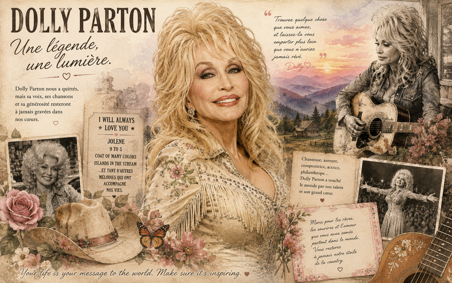 Portrait illustré de Dolly Parton, morte le 25 août 2026 à Nashville à 80 ans