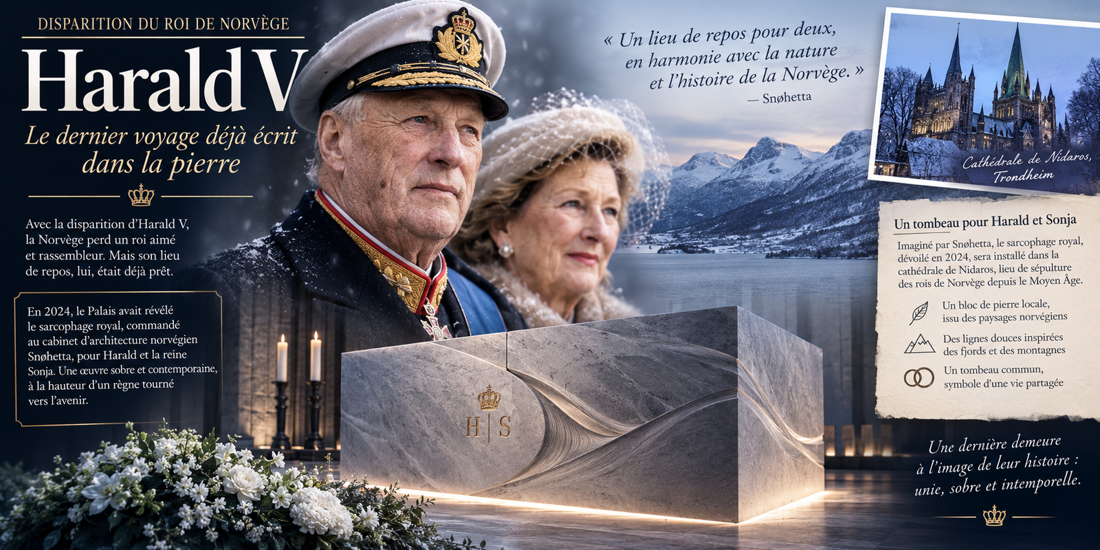 Portrait illustré du roi Harald V de Norvège, mort le 28 août 2026 à Oslo à 89 ans