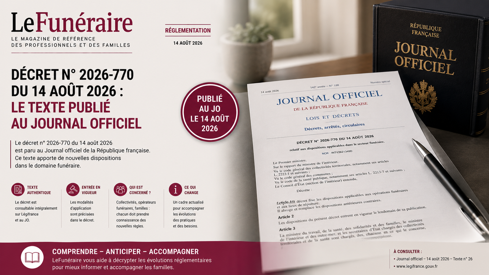 Journal officiel du 14 août 2026 publiant le décret n° 2026-770 sur l'information des consommateurs sur les prestations funéraires