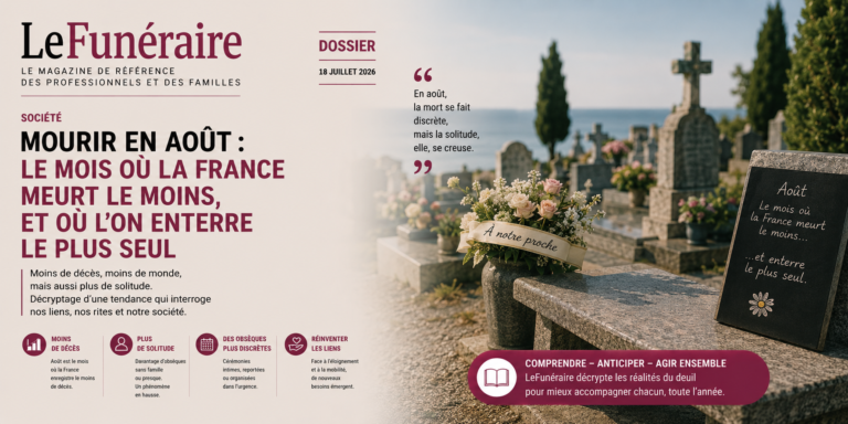 Couverture du dossier LeFunéraire « Mourir en août » : tombe fleurie dans un cimetière ensoleillé et ardoise manuscrite