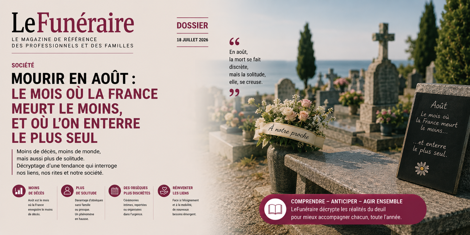 Couverture du dossier LeFunéraire « Mourir en août » : tombe fleurie dans un cimetière ensoleillé et ardoise manuscrite