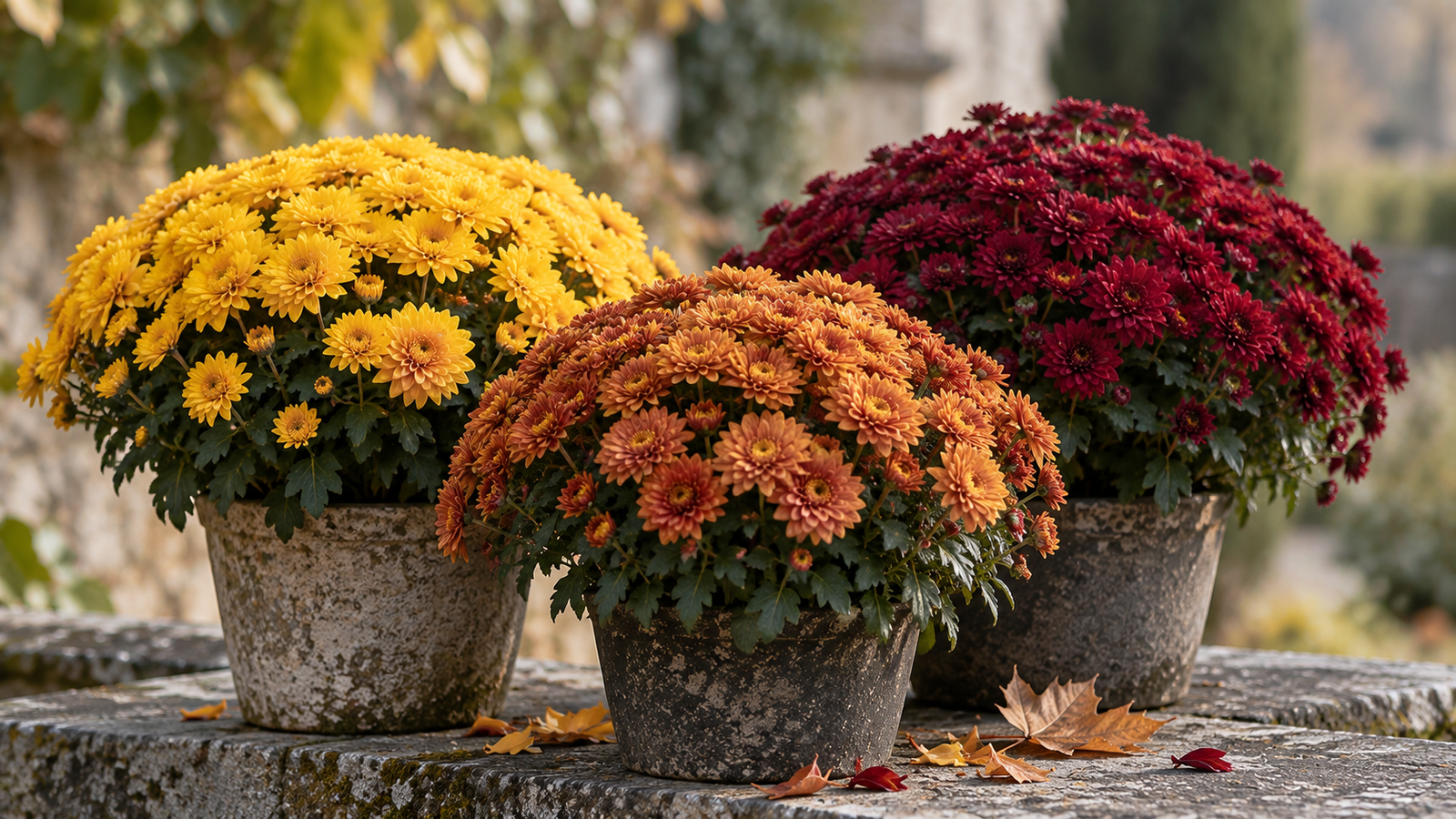 Trois pots de chrysanthèmes en fleurs, jaune or, bronze et bordeaux, posés sur une pierre grise en lumière automnale