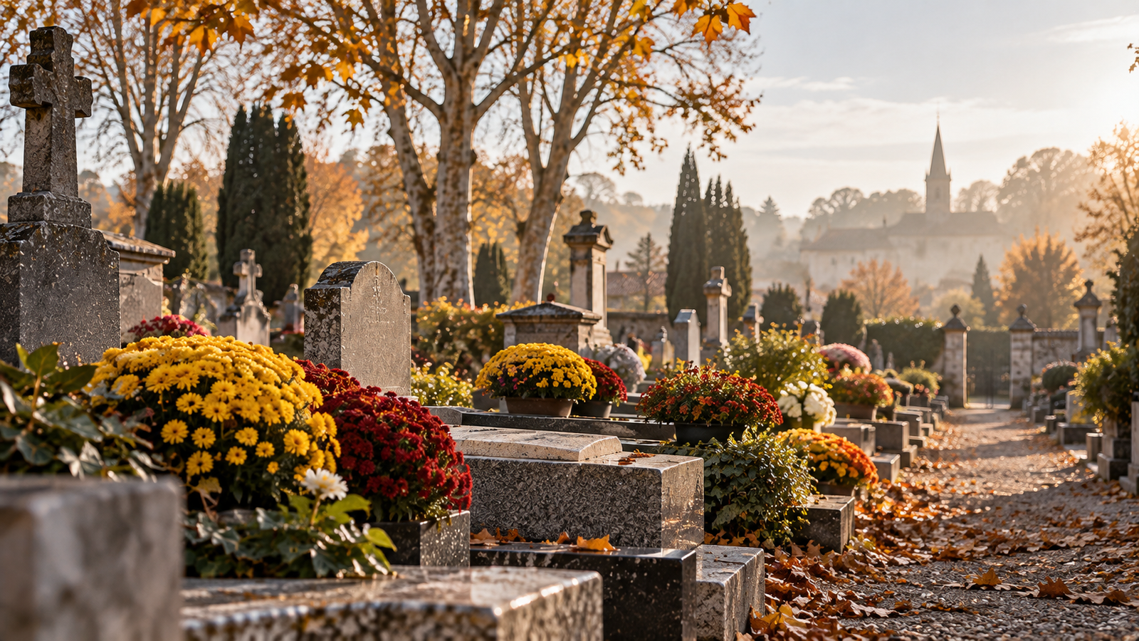 Rangées de sépultures ornées de pots de chrysanthèmes jaunes et rouges dans un cimetière français, lumière d'automne