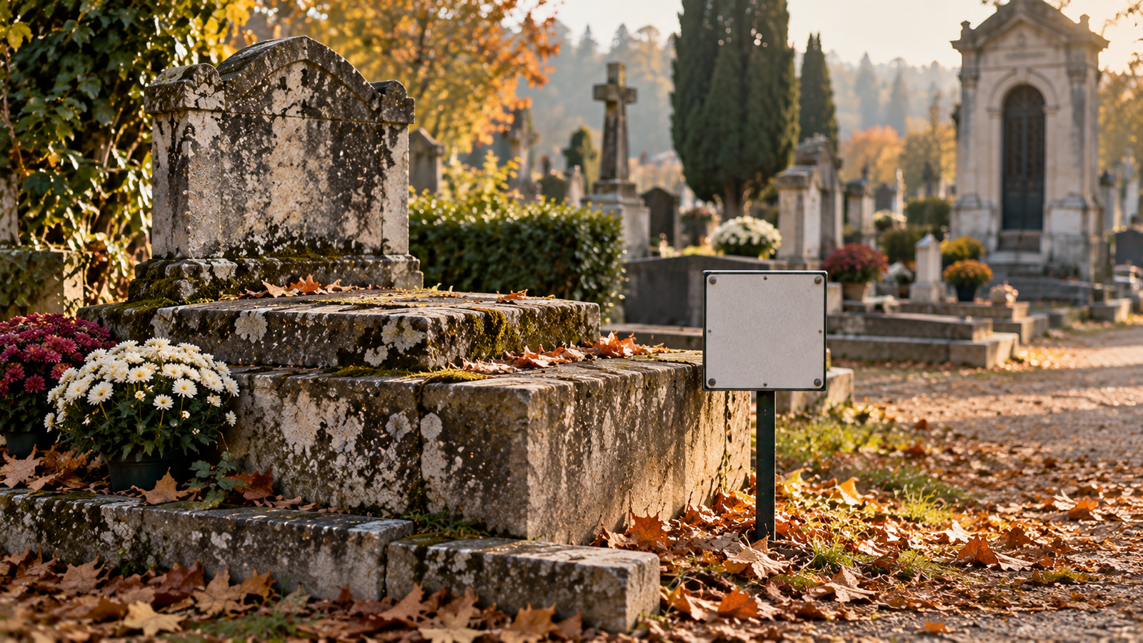 Petit panonceau municipal vierge planté près d'une tombe ancienne dans un cimetière, lumière d'automne — illustration sur l'échéance d'une concession funéraire