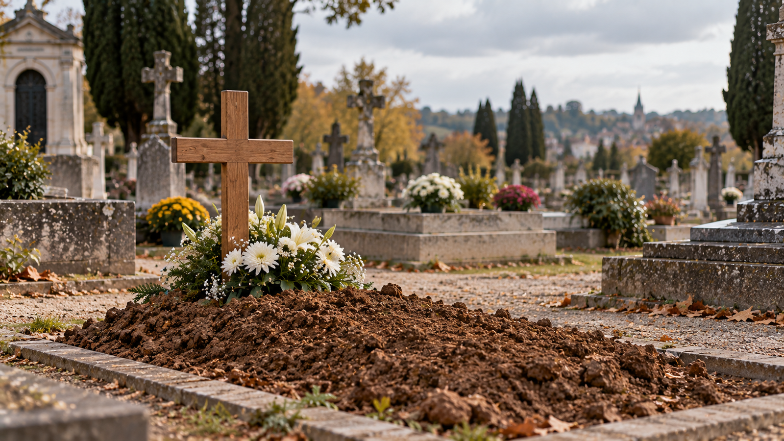 Croix funéraire simple sur une tombe dans un cimetière, lumière d'automne — illustration sur l'obligation de payer les obsèques d'un parent