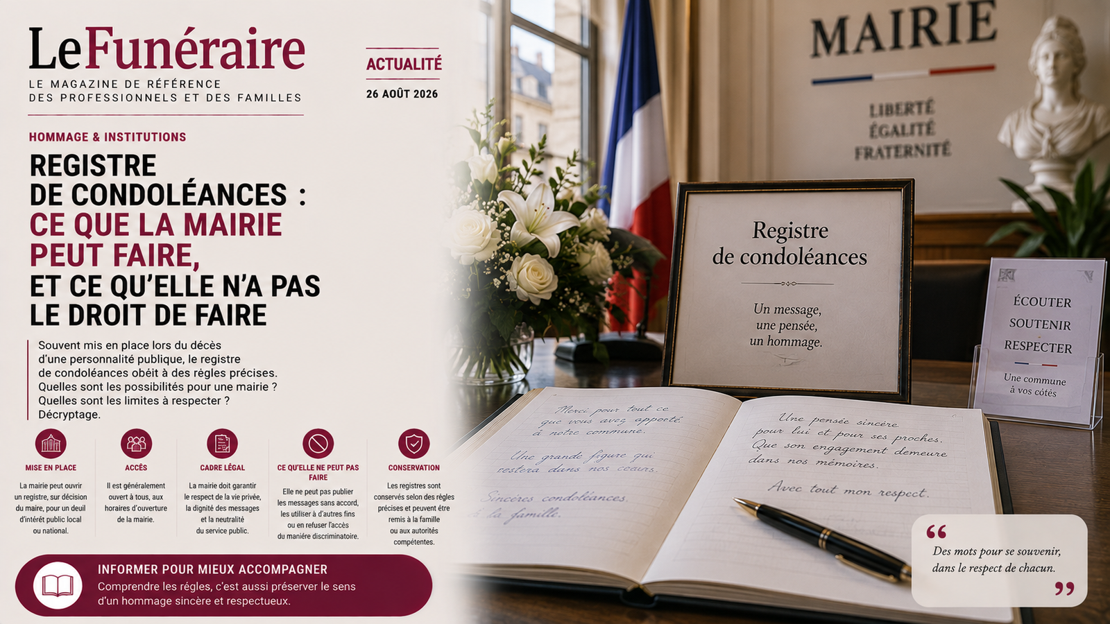 Cahier ouvert posé sur une table dans un hall de mairie, avec un stylo
