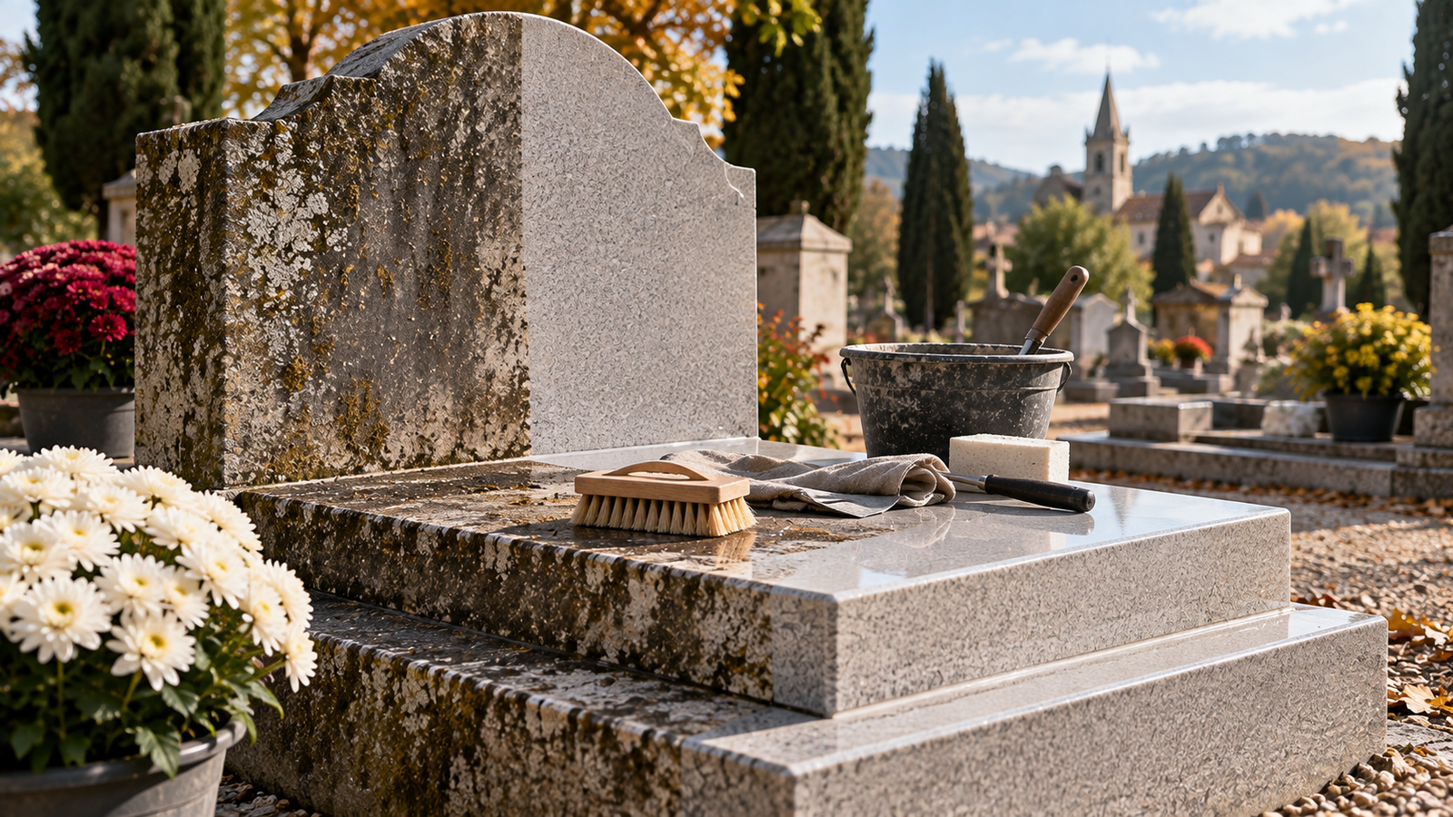 Stele de granit couverte de lichen a moitie nettoyee, brosse et seau poses sur la dalle d'une sepulture