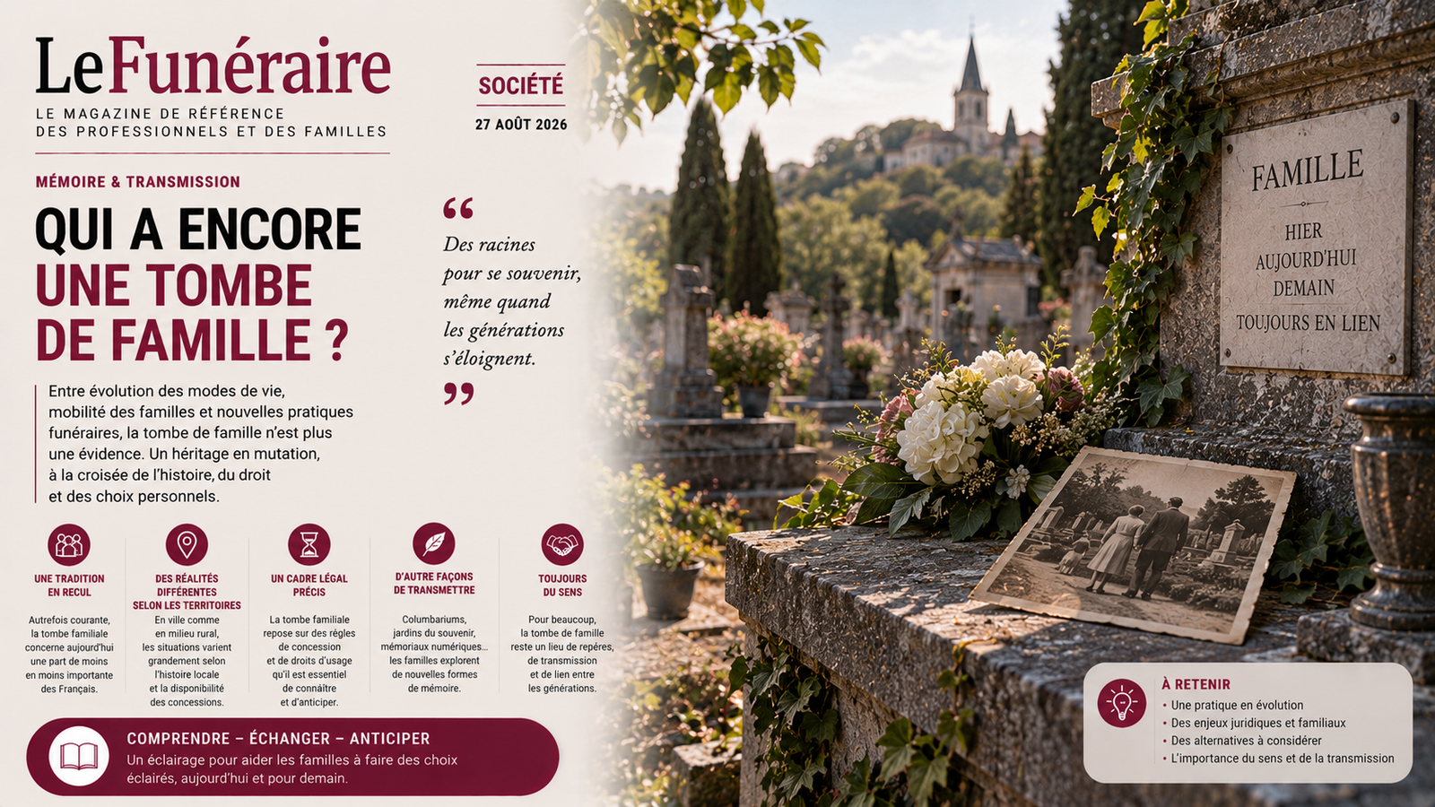 Sépulture de famille surmontée d'une pierre tombale, dans une allée de cimetière