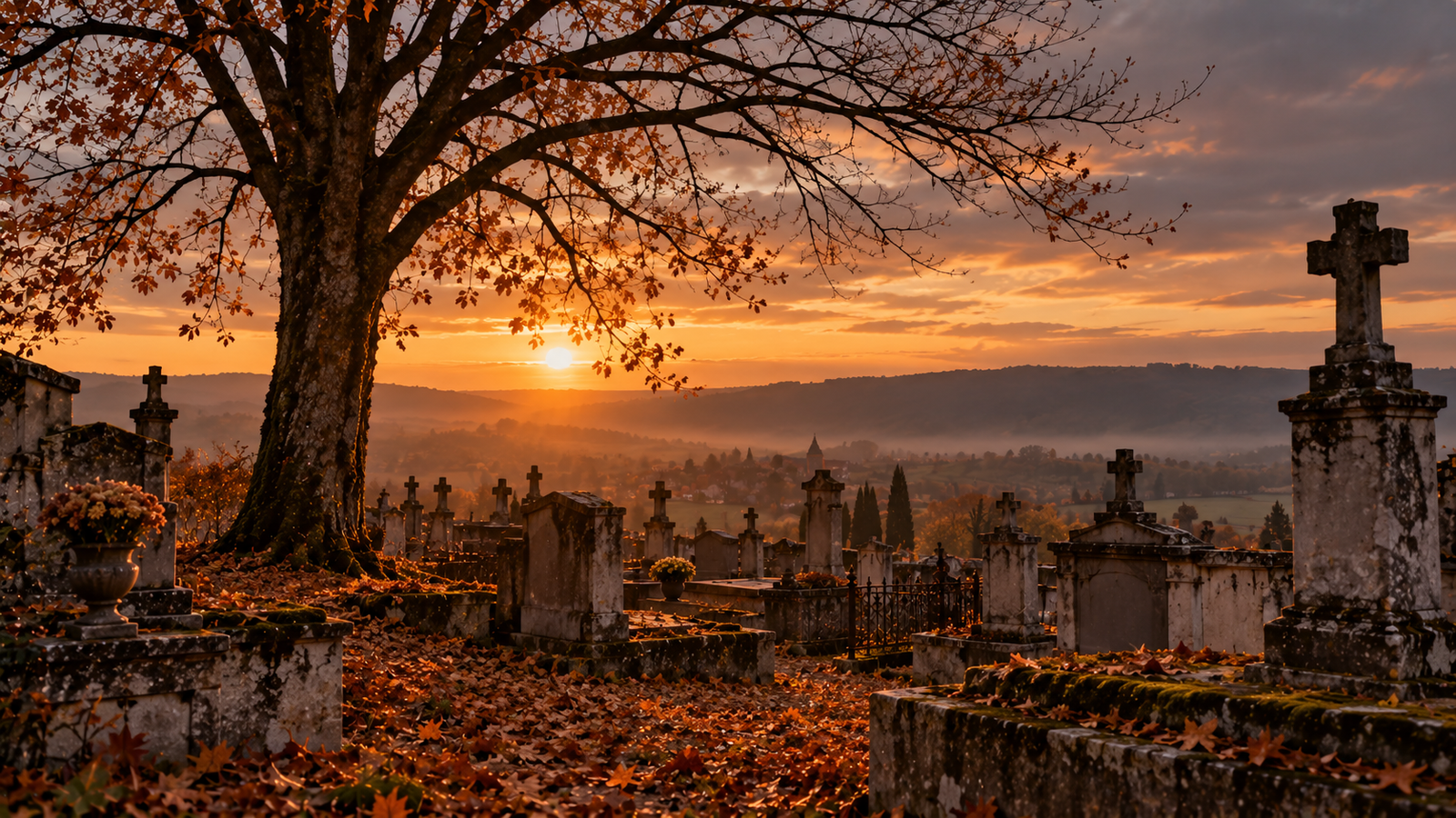 Cimetière d'automne au coucher du soleil, arbre nu et vieilles tombes — la mémoire des défunts et le temps qui passe