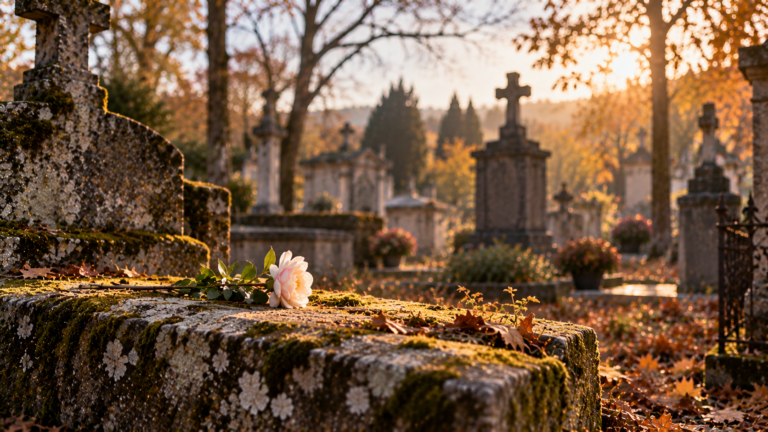 Fleur fraîche posée sur une vieille tombe moussue dans un cimetière d'automne — une sépulture oubliée que quelqu'un fleurit encore