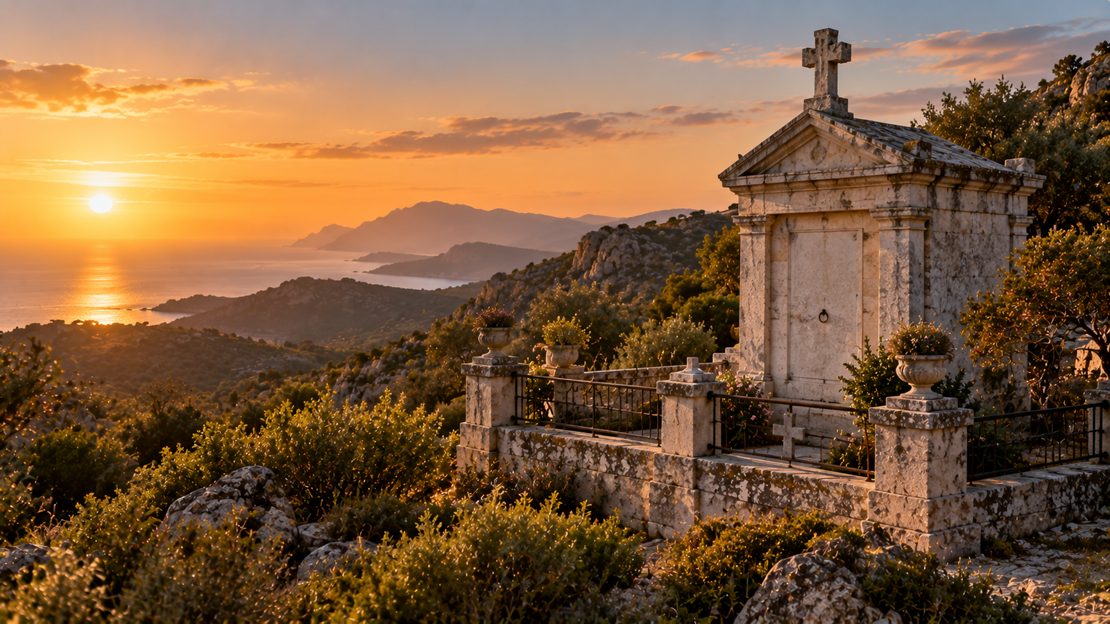 Tombeau de famille en pierre dans le maquis corse face à la mer au coucher du soleil — mémoire des lieux et des morts en Corse