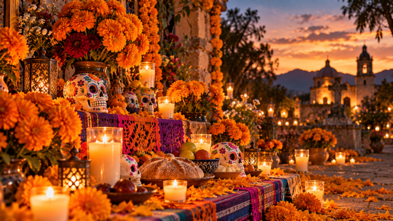 Autel mexicain (ofrenda) orné de fleurs de cempasúchil orange et de bougies au crépuscule — Día de Muertos, la fête des morts au Mexique