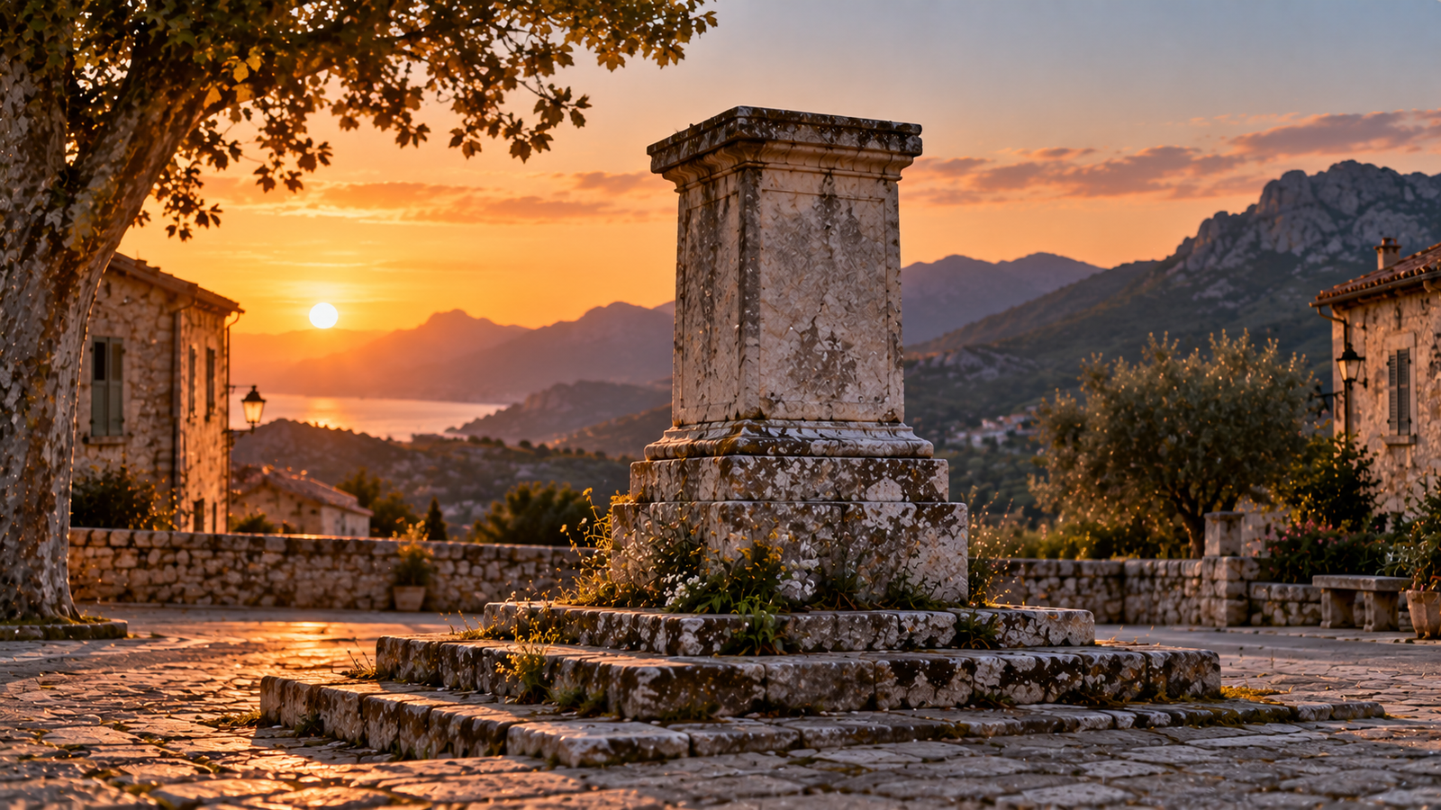 Socle de pierre vide sur une place de village méditerranéenne au coucher du soleil — détruire un symbole, c'est viser une mémoire