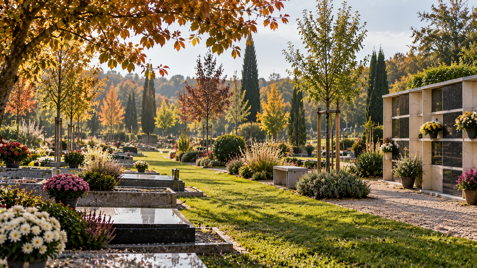 Cimetière paysager verdoyant avec columbarium de pierre et jeunes arbres — le cimetière de demain