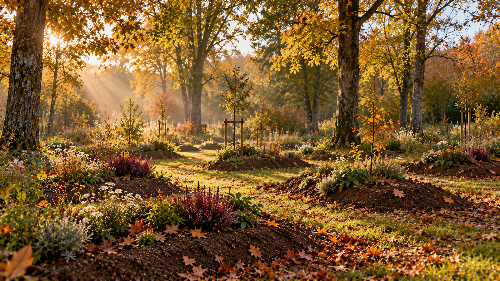 Cimetiere naturel paysager avec sepultures en pleine terre sous les arbres, sans pierre ni beton, lumiere d automne
