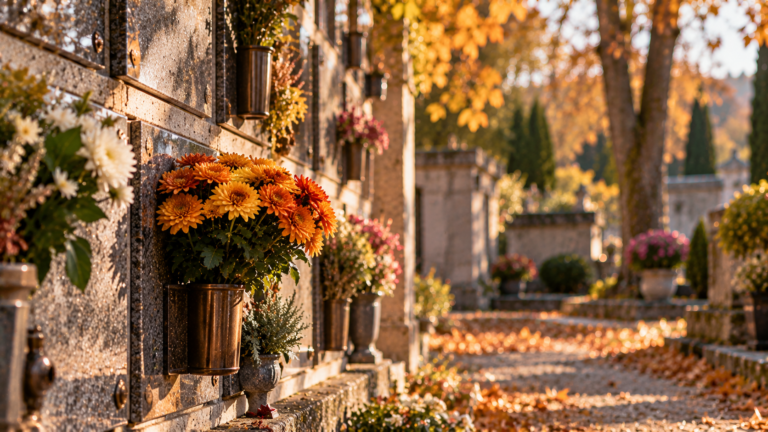 Mur de columbarium avec un pot de chrysanthèmes en automne — se recueillir sans tombe à la Toussaint