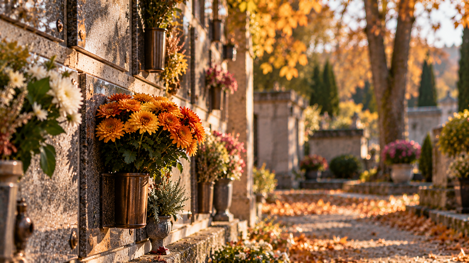 Mur de columbarium avec un pot de chrysanthèmes en automne — se recueillir sans tombe à la Toussaint