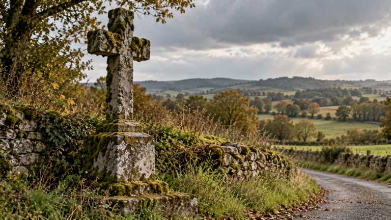 Croix de chemin en pierre couverte de mousse dans une campagne brumeuse — petit patrimoine de mémoire menacé par l'oubli
