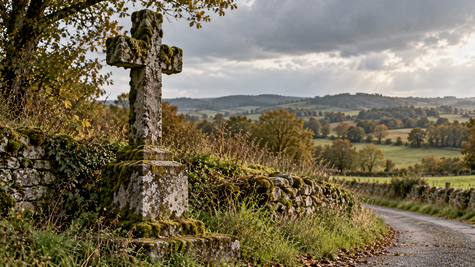 Croix de chemin en pierre couverte de mousse dans une campagne brumeuse — petit patrimoine de mémoire menacé par l'oubli