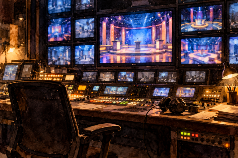 Régie de télévision vide, fauteuil du réalisateur, casque posé sur la console et écrans montrant un plateau de jeu, en hommage à Didier Fraisse