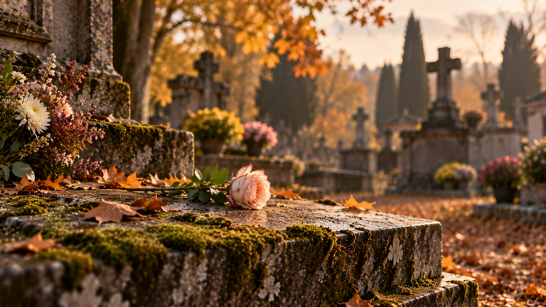 Main d'enfant déposant une fleur sur une tombe en automne — accompagner un enfant au cimetière