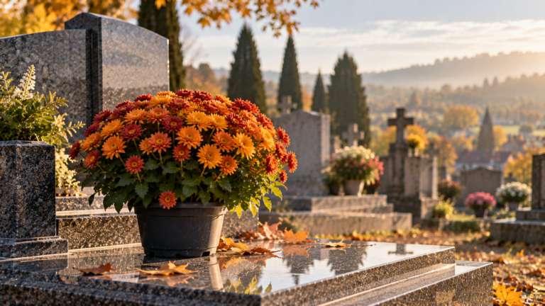 Pots de chrysanthèmes déposés sur une tombe propre en automne — faire fleurir une sépulture à distance quand on ne peut pas se déplacer