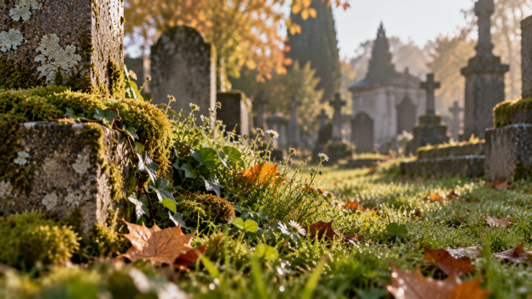 Herbe et mousse entre de vieilles pierres tombales — le vivant qui reprend sa place au cimetière