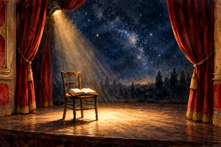 Scène de théâtre vide entre des rideaux rouges, un livre ouvert sur une chaise sous un projecteur, et un ciel étoilé en fond, en hommage à Patrick Stewart