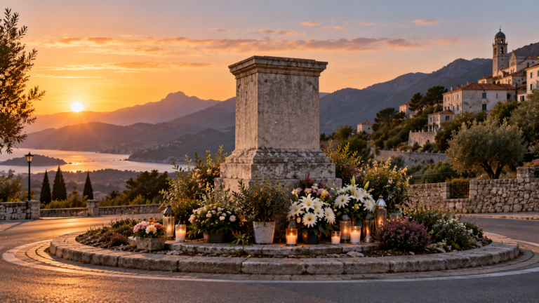 Socle de pierre vide au crépuscule avec bougies de recueillement — statue arrachée de son rond-point à Porto-Vecchio