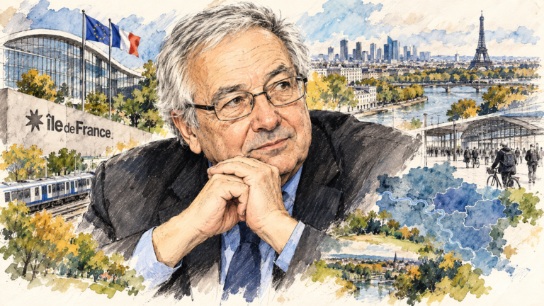Illustration à l'aquarelle de Jean-Paul Huchon, mains jointes, entouré de vues de l'Île-de-France : RER, gare, Seine, Paris et la carte de la région
