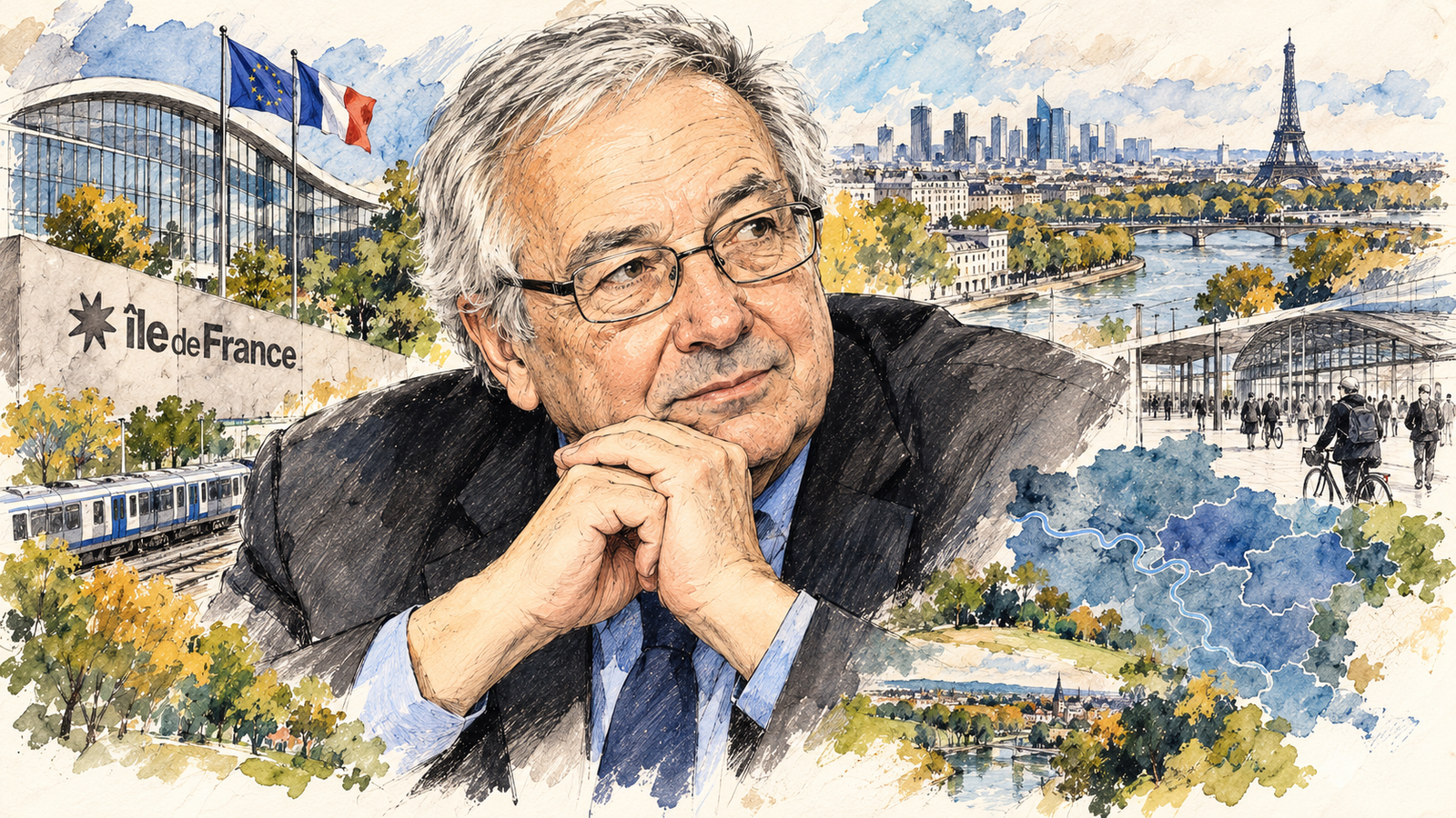 Illustration à l'aquarelle de Jean-Paul Huchon, mains jointes, entouré de vues de l'Île-de-France : RER, gare, Seine, Paris et la carte de la région